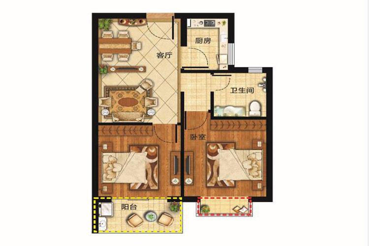 建面约65.81平 二房一厅一卫