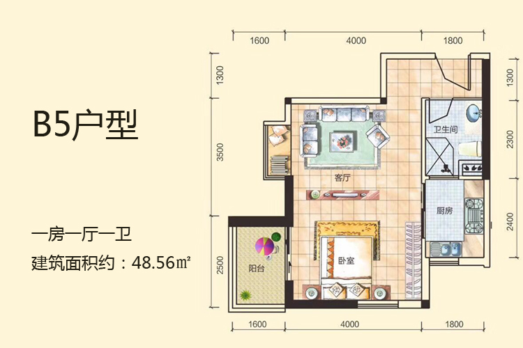 B5户型-一房一厅一卫-建筑面积约：48.56㎡
