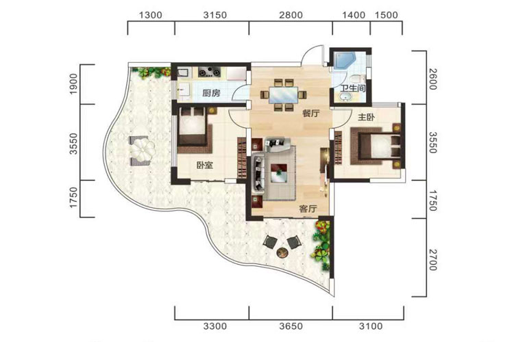 白金海岸 两房户型 建面75.59㎡