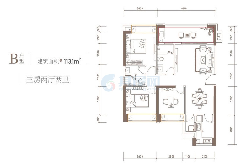 B户型图-建面约113.1㎡-三房两厅两卫