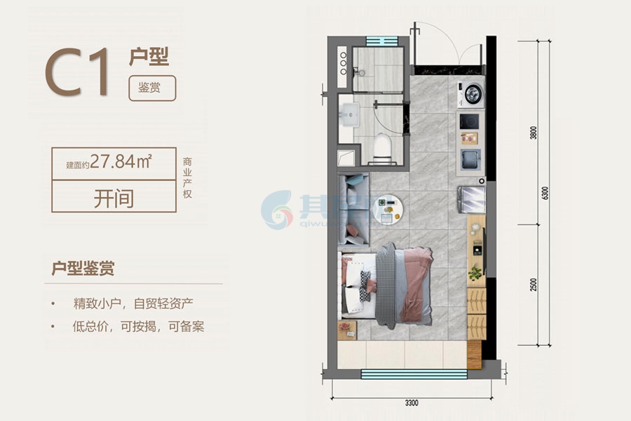 C1户型-建面约27.84㎡-一房一厅一卫（开间）