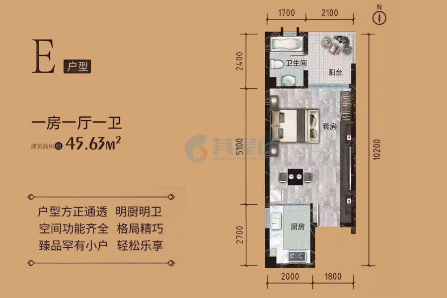 E户型-建面约45.63㎡-一房一厅一卫