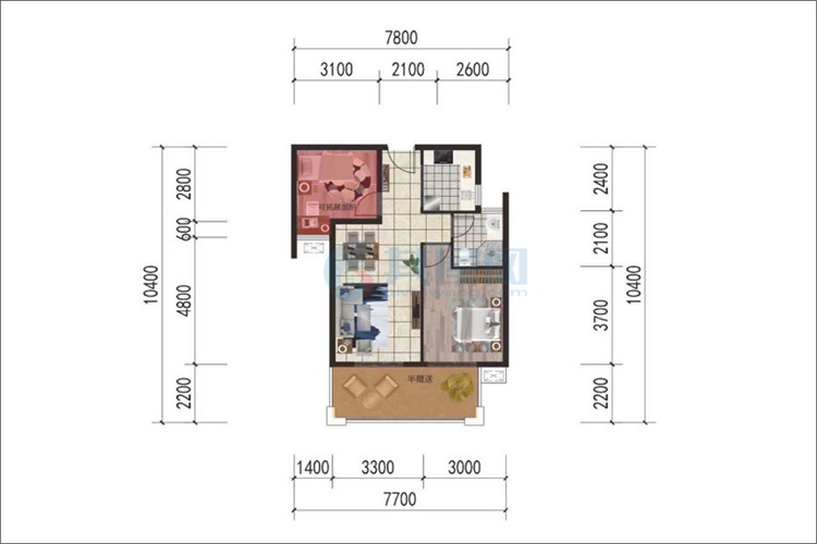 B2户型-建面约65.5㎡-两房两厅一厨一卫