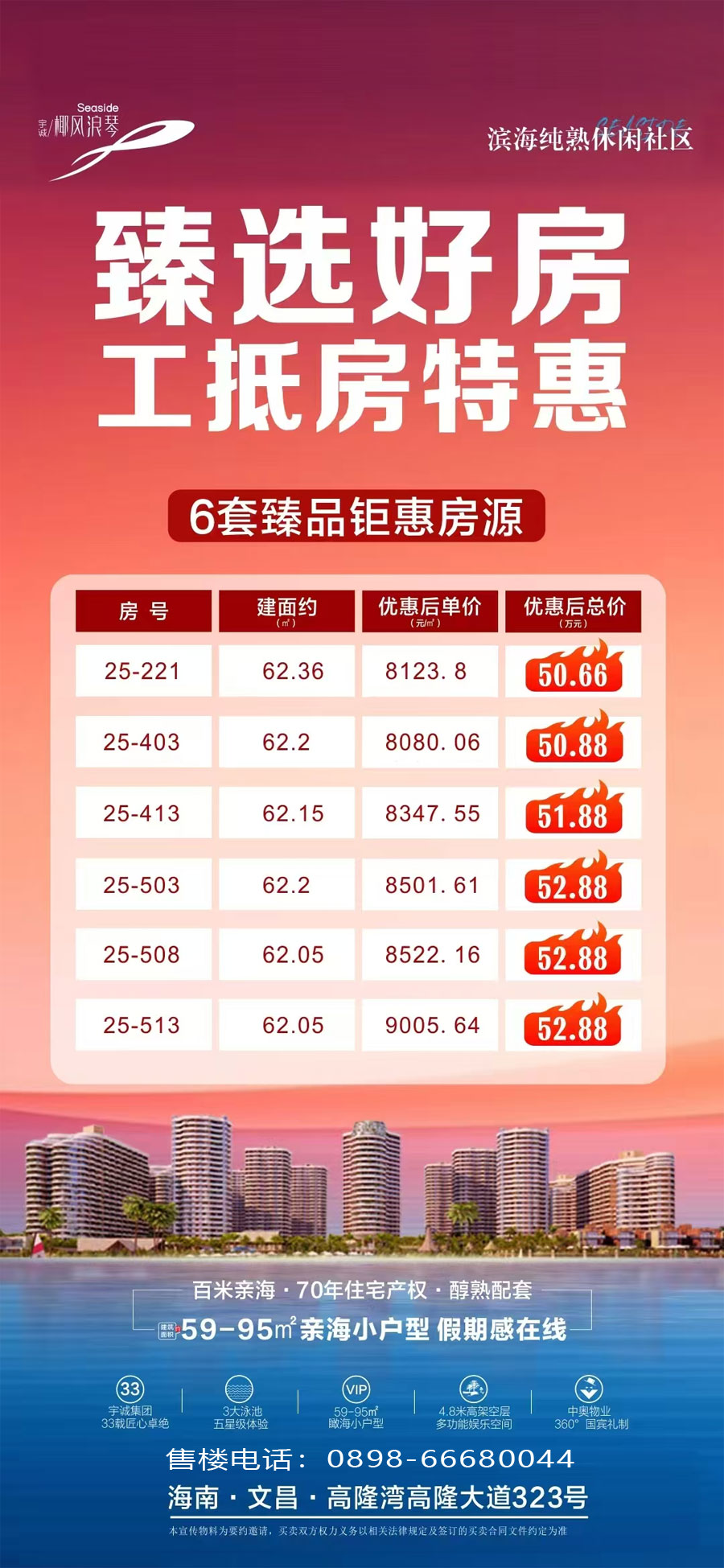 宇诚椰风浪琴限时特惠50万/套起 售楼电话：0898-66680044